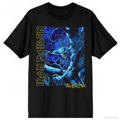 Iron Maiden: Unisex T-Shirt: Fear of the Dark Blue Tone Eddie Vertical Logo (Black) (Large)