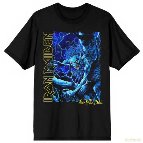 Iron Maiden: Unisex T-Shirt: Fear of the Dark Blue Tone Eddie Vertical Logo (Black) (Medium)