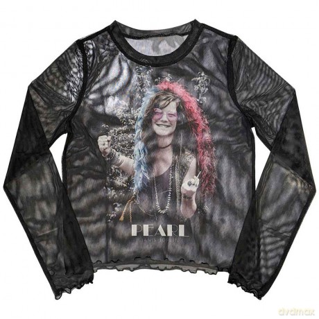 Janis Joplin: Ladies Long Sleeve Crop Top: Pearl Garden (Black) (Mesh) (Medium)