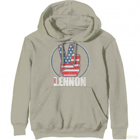 John Lennon: Unisex Pullover Hoodie: Peace Fingers US Flag (Sand) (X-Large)
