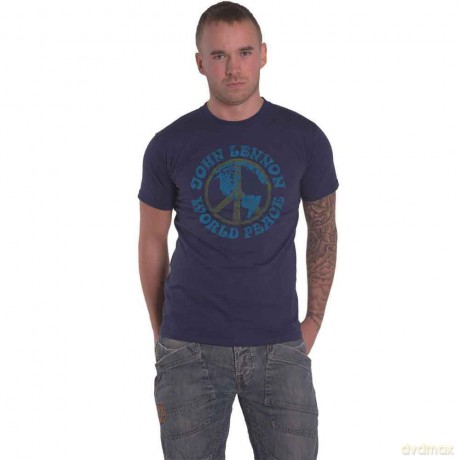John Lennon: Unisex T-Shirt: World Peace (Navy Blue) (Large)