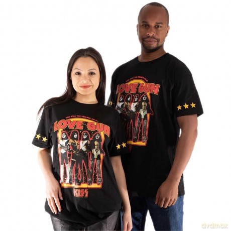 Kiss: KISS Unisex T-Shirt: Love Gun Stars (Black) (Sleeve Print) (X-Large)