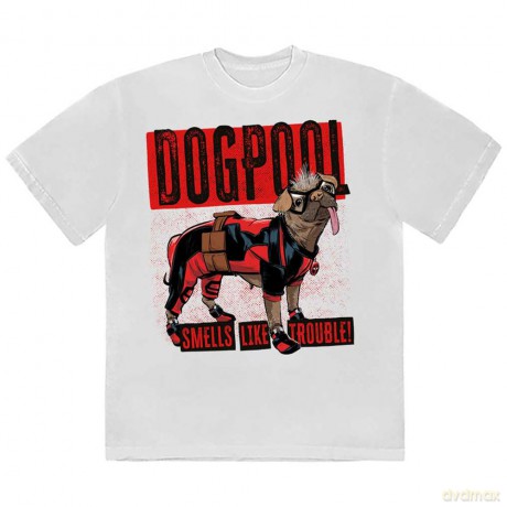 Marvel Comics: Unisex T-Shirt: Deadpool Dogpool Smells Like Trouble (White) (Medium)