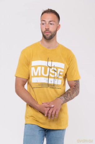 Muse: Unisex T-Shirt: Origin of Symmetry (Orange Yellow Mineral Wash) (Wash Collection) (Large)