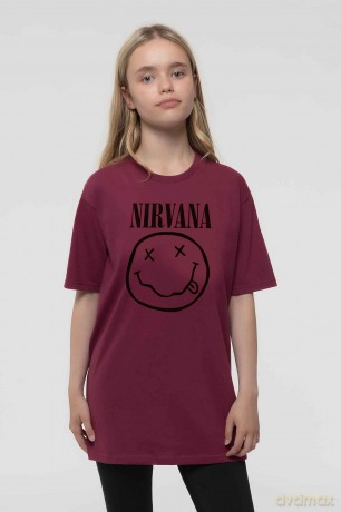 Nirvana: Kids T-Shirt: Grey Happy Face (Maroon Red) (3-4 Years)