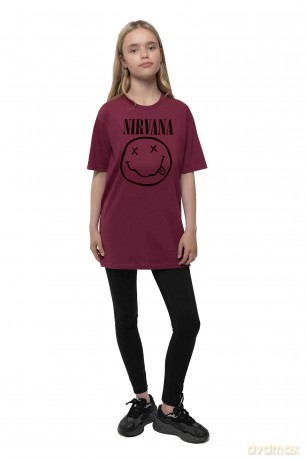 Nirvana: Kids T-Shirt: Grey Happy Face (Maroon Red) (3-4 Years)