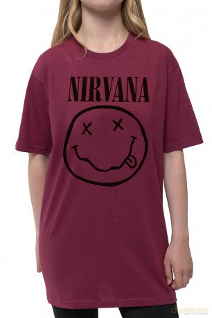 Nirvana: Kids T-Shirt: Grey Happy Face (Maroon Red) (3-4 Years)