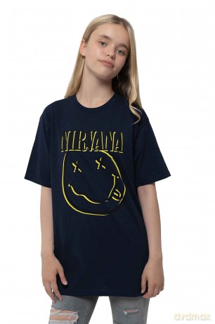 Nirvana: Kids T-Shirt: Inverse Happy Face (Navy Blue) (11-12 Years)