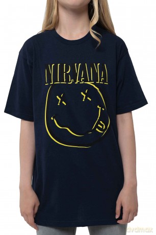 Nirvana: Kids T-Shirt: Inverse Happy Face (Navy Blue) (11-12 Years)