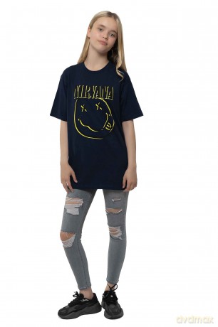 Nirvana: Kids T-Shirt: Inverse Happy Face (Navy Blue) (13-14 Years)