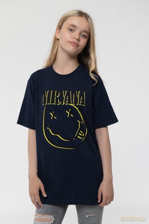 Nirvana: Kids T-Shirt: Inverse Happy Face (Navy Blue) (7-8 Years)