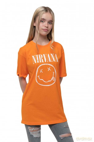 Nirvana: Kids T-Shirt: White Happy Face (Orange) (13-14 Years)