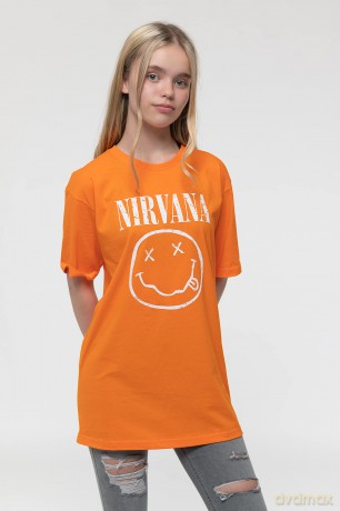 Nirvana: Kids T-Shirt: White Happy Face (Orange) (13-14 Years)