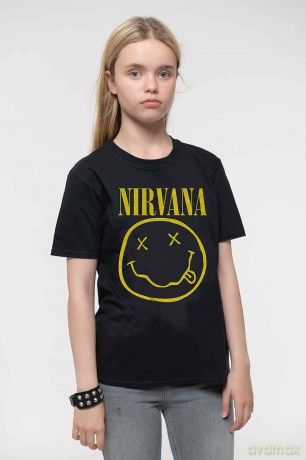 Nirvana: Kids T-Shirt: Yellow Happy Face (Black) (9-10 Years)