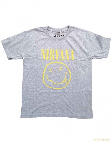 Nirvana: Kids T-Shirt: Yellow Happy Face (Heather Grey) (13-14 Years)