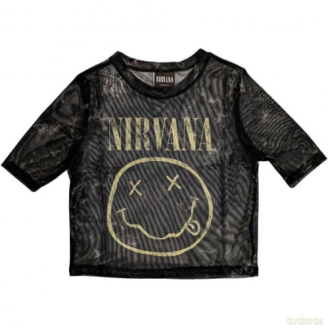 Nirvana: Ladies Crop Top: Yellow Happy Face (Black) (Mesh) (Medium)