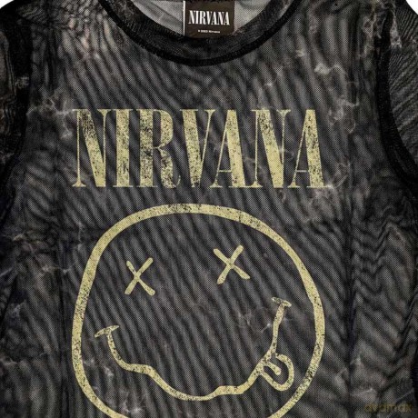 Nirvana: Ladies Crop Top: Yellow Happy Face (Black) (Mesh) (Small)