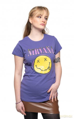 Nirvana: Ladies T-Shirt: Xerox Happy Face Pink (Purple) (Medium)