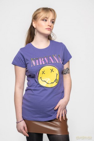 Nirvana: Ladies T-Shirt: Xerox Happy Face Pink (Purple) (Medium)