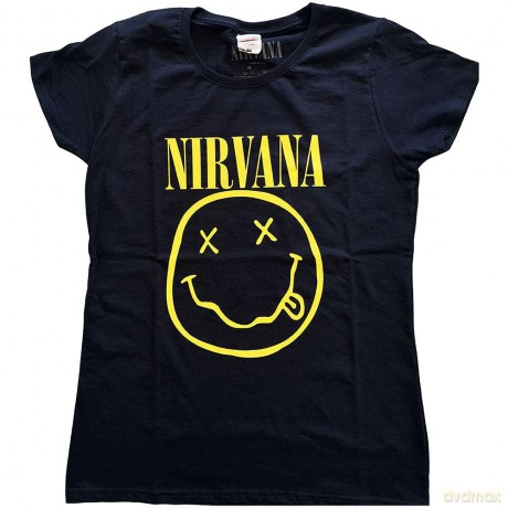 Nirvana: Ladies T-Shirt: Yellow Happy Face (Navy Blue) (Small)