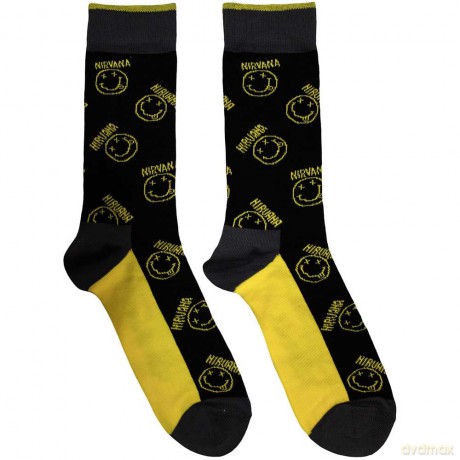 Nirvana: Unisex Ankle Socks: Yellow Happy Face Pattern (Black) (UK Size 6 - 11)