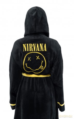 Nirvana: Unisex Bathrobe: Yellow Happy Face (Black) (Back Print) (Medium - Large)