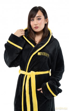Nirvana: Unisex Bathrobe: Yellow Happy Face (Black) (Back Print) (Small - Medium)
