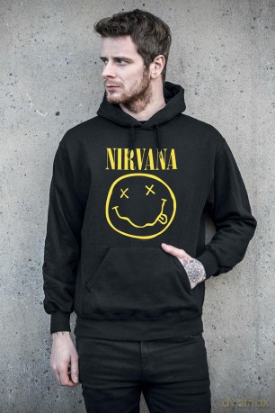 Nirvana: Unisex Pullover Hoodie: Yellow Happy Face (Black) (X-Large)