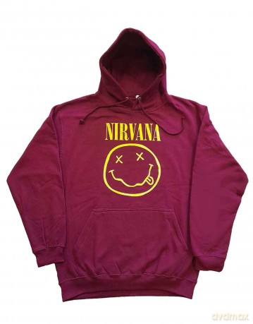Nirvana: Unisex Pullover Hoodie: Yellow Happy Face (Maroon Red) (XX-Large)