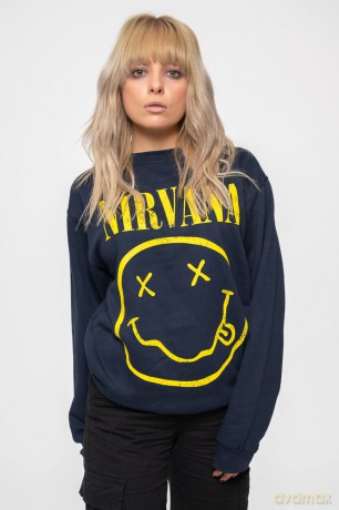 Nirvana: Unisex Sweatshirt: Yellow Happy Face (Navy Blue) (Small)