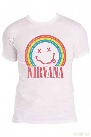Nirvana: Unisex T-Shirt: Happy Face Rainbow (White) (Large)