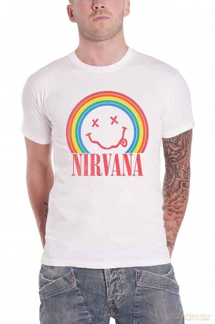 Nirvana: Unisex T-Shirt: Happy Face Rainbow (White) (Small)