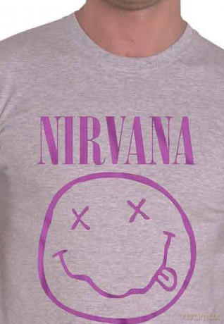 Nirvana: Unisex T-Shirt: Purple Happy Face (Grey) (Large)