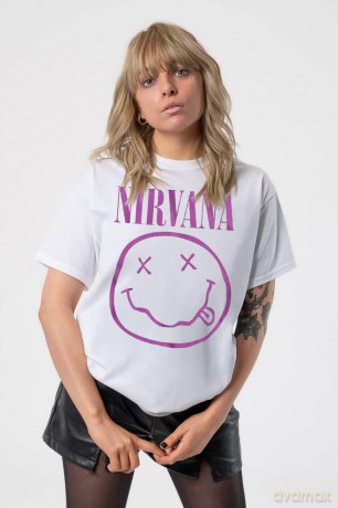 Nirvana: Unisex T-Shirt: Purple Happy Face (White) (Large)