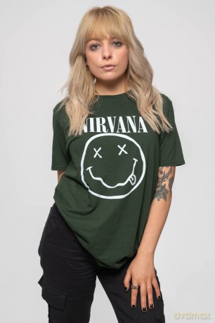 Nirvana: Unisex T-Shirt: White Happy Face (Dark Green) (X-Large)