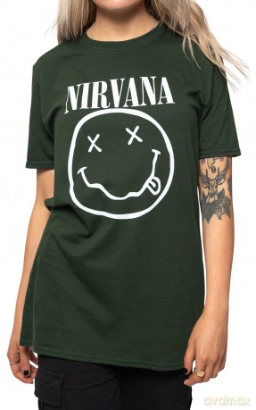 Nirvana: Unisex T-Shirt: White Happy Face (Dark Green) (X-Large)