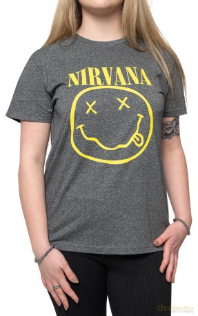 Nirvana: Unisex T-Shirt: Yellow Happy Face (Brindle) (Back Print) (Large)