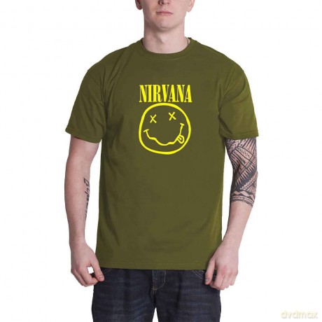 Nirvana: Unisex T-Shirt: Yellow Happy Face (Green) (Medium)