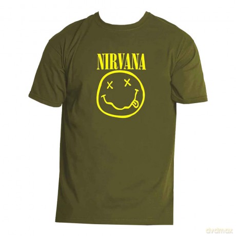 Nirvana: Unisex T-Shirt: Yellow Happy Face (Green) (Small)