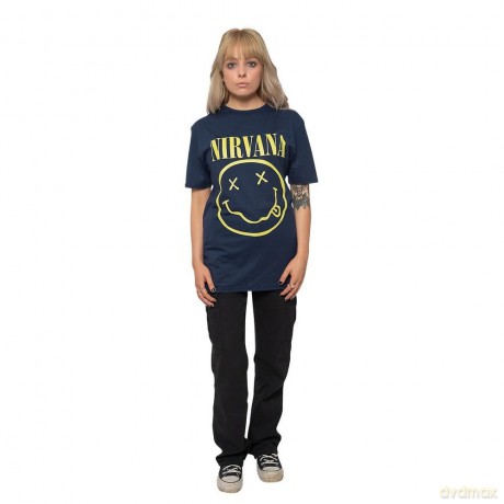Nirvana: Unisex T-Shirt: Yellow Happy Face (Navy Blue) (Small)