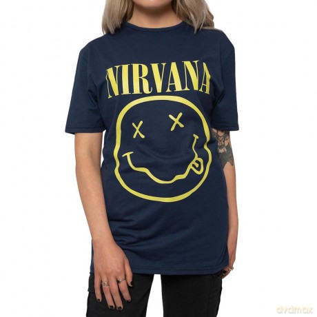 Nirvana: Unisex T-Shirt: Yellow Happy Face (Navy Blue) (X-Large)