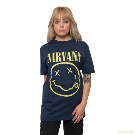 Nirvana: Unisex T-Shirt: Yellow Happy Face (Navy Blue) (X-Large)