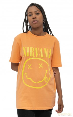 Nirvana: Unisex T-Shirt: Yellow Happy Face (Orange) (Large)