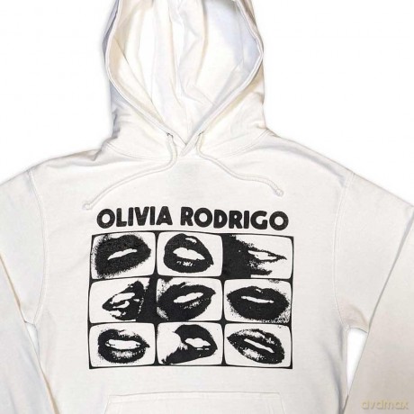Olivia Rodrigo: Unisex Pullover Hoodie: Threshold Lips Grid (White) (Large)