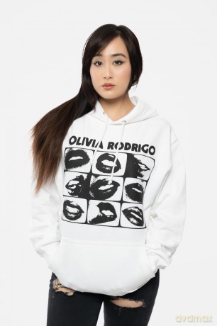 Olivia Rodrigo: Unisex Pullover Hoodie: Threshold Lips Grid (White) (Small)