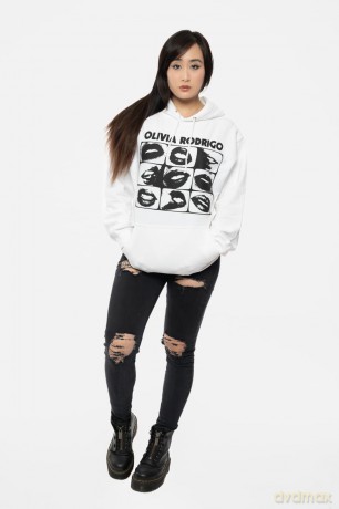 Olivia Rodrigo: Unisex Pullover Hoodie: Threshold Lips Grid (White) (Small)