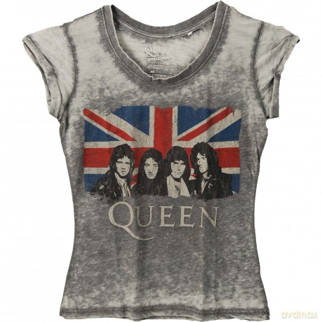 Queen: Ladies Fashion Tee: Vintage Union Jack (Burn Out) (Large)