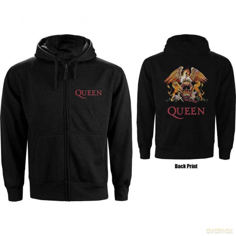 Queen: Ladies Zipped Hoodie: Classic Crest (Black) (Back Print) (Small)