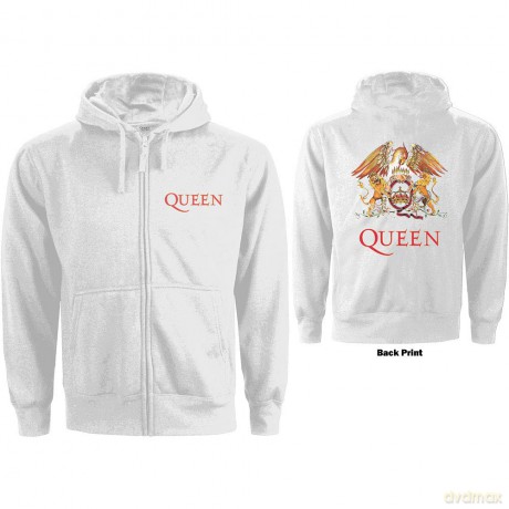 Queen: Ladies Zipped Hoodie: Classic Crest (White) (Back Print) (Small)