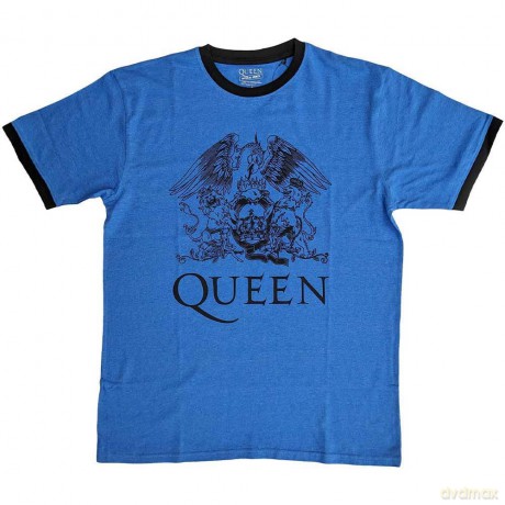 Queen: Unisex Ringer T-Shirt: Crest Logo (Blue) (Small)